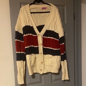Edikted Cream Cable Knit Cardigan with Black and Red Stripes